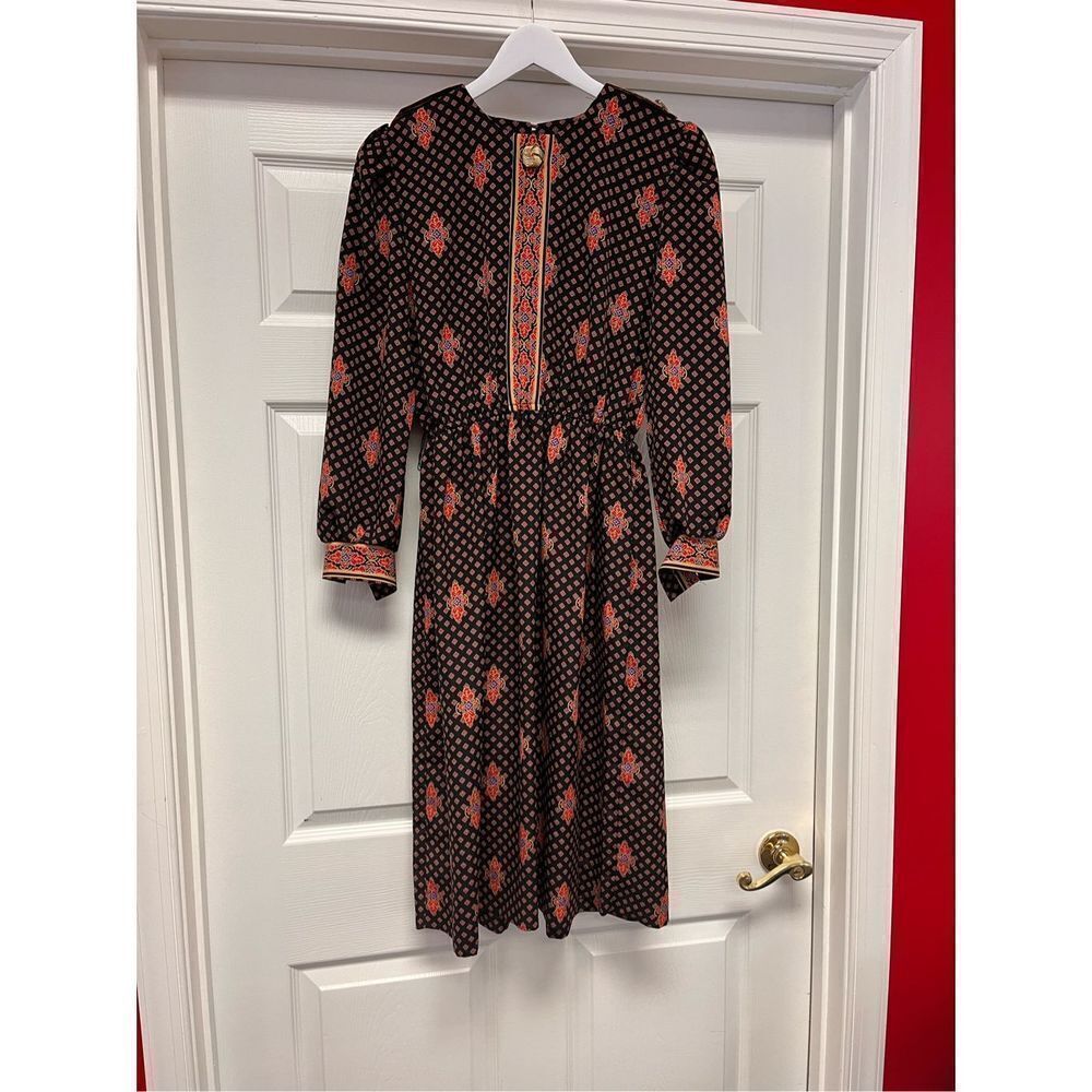 Vintage Lady Carol Petites New York Black & Brown Multi Print Dress sz M